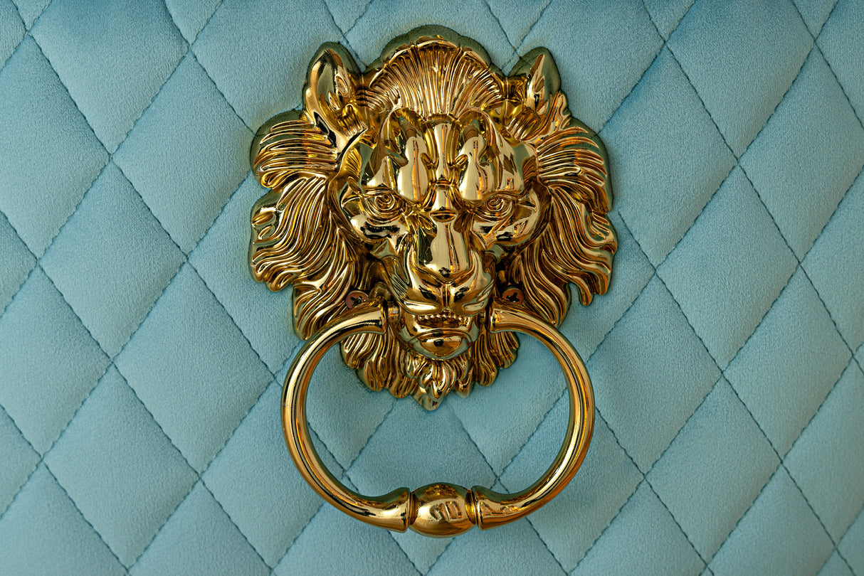 Chair CASTLE DELUXE w/ lion´s head handle velvet blue golden legs in baroque style