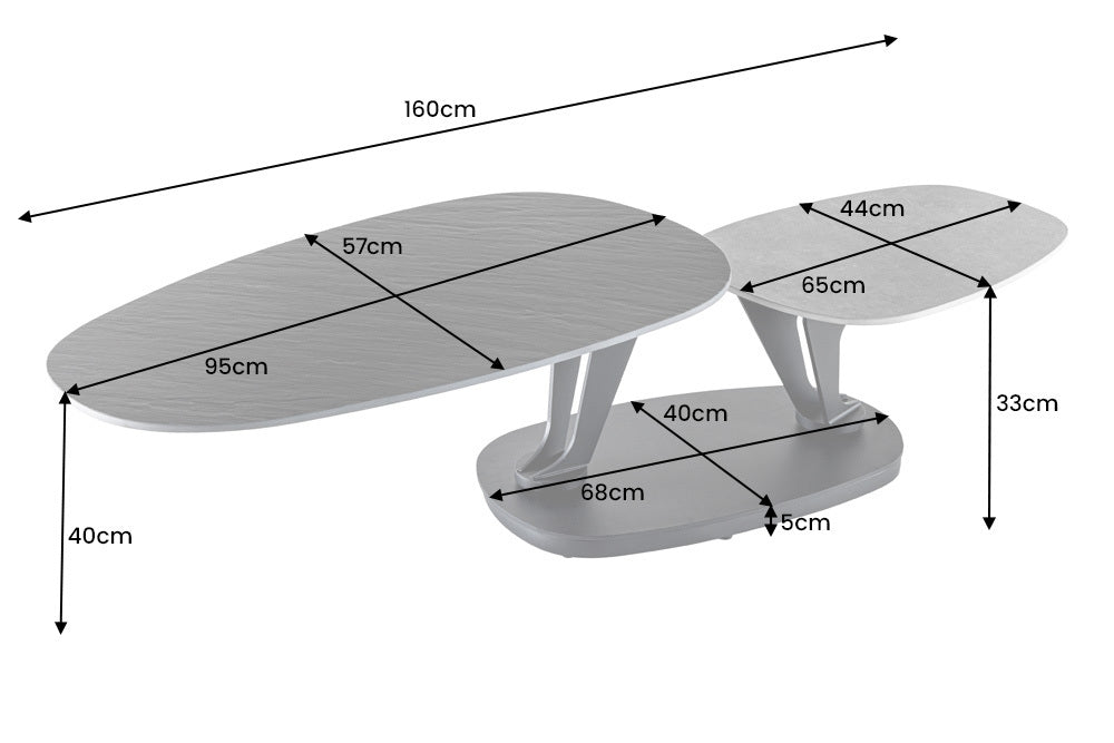 Couchtisch MOVEMENT 95-160cm Keramik schwarz und Natursteinoptik