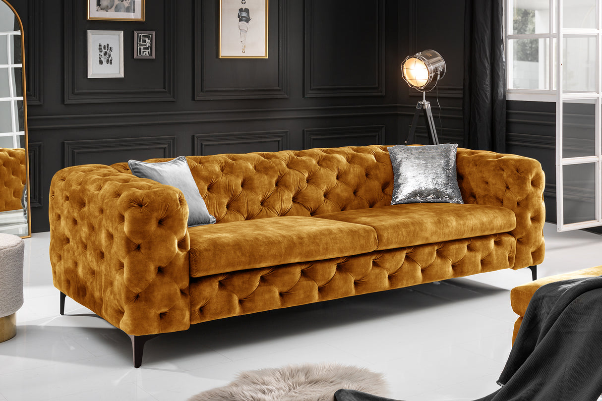 Sofa MODERN BAROCK 240cm 3-seater velvet mustard yellow in chesterfield style