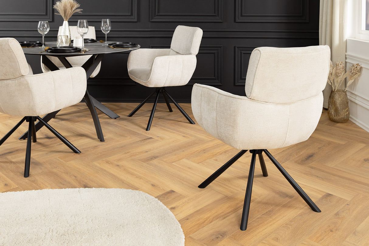 Drehstuhl UNIQUE 180° mit Armlehnen Chenillestoff champagnerbeige und schwarzen Beinen