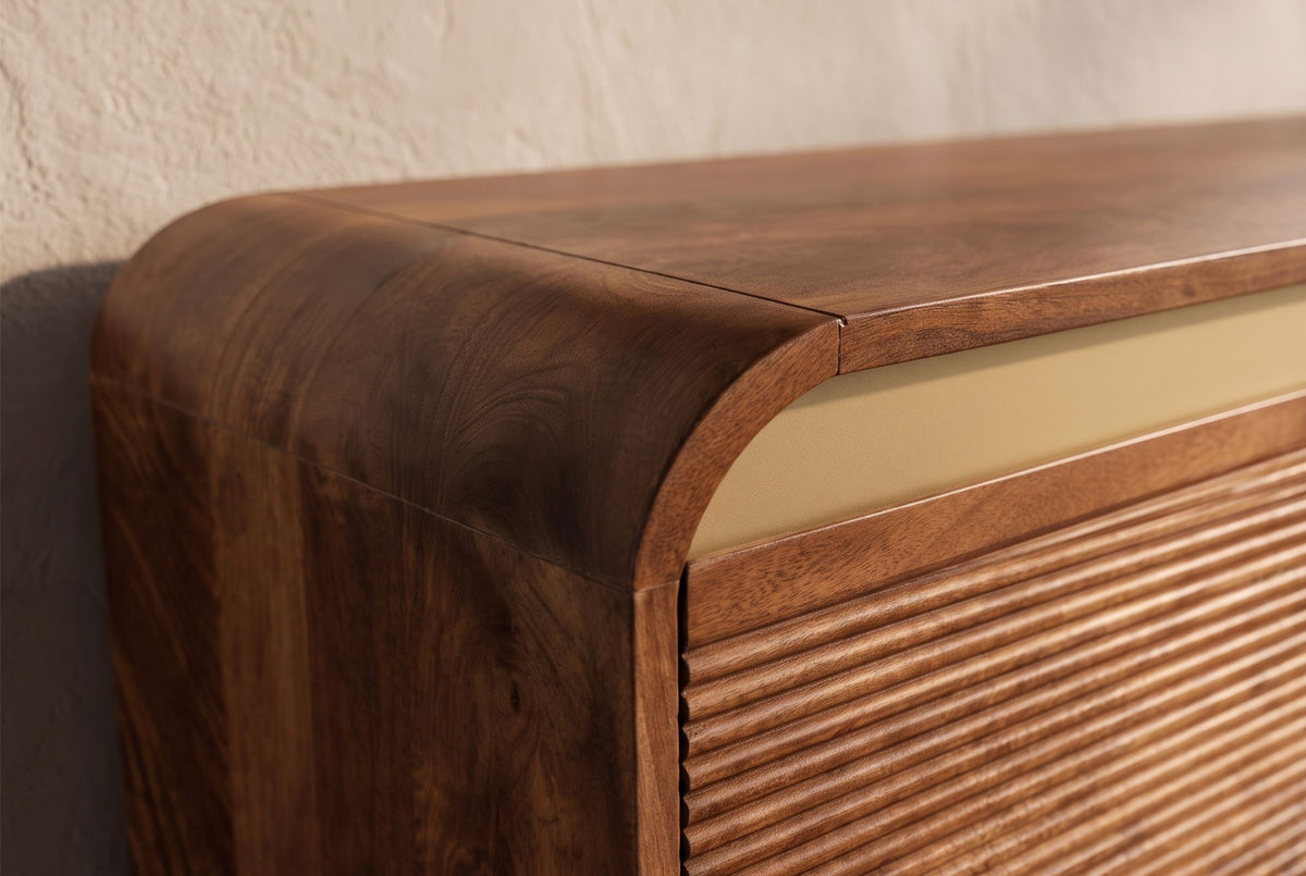 TV-Board MONZA 160cm w/ cable management fluted front rounded edges brown mango wood gold details