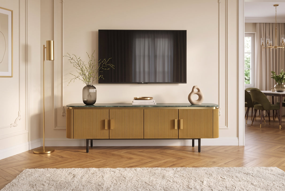 TV-Board VENEZIANO 160cm Mangoholz und Marmorplatte grün braun
