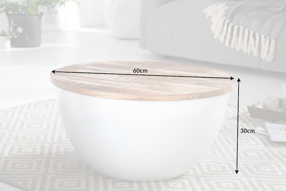 Coffee table INDUSTRIAL STORAGE 60cm mango wood top and white base