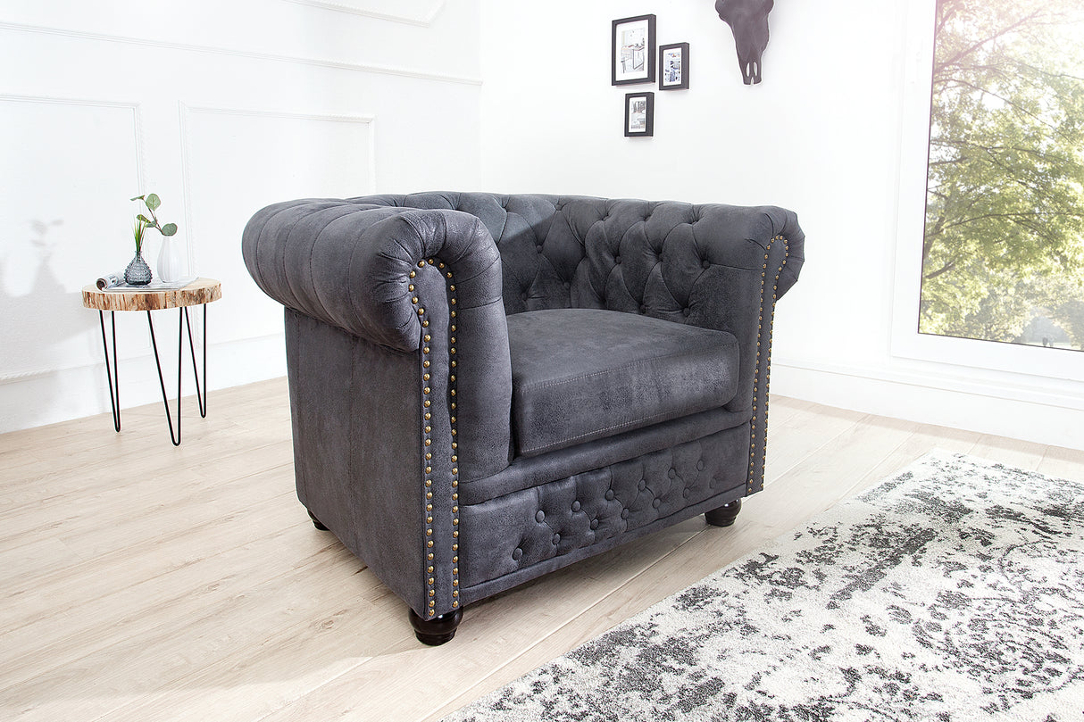 Armchair CHESTERFIELD antique look microfibre grey