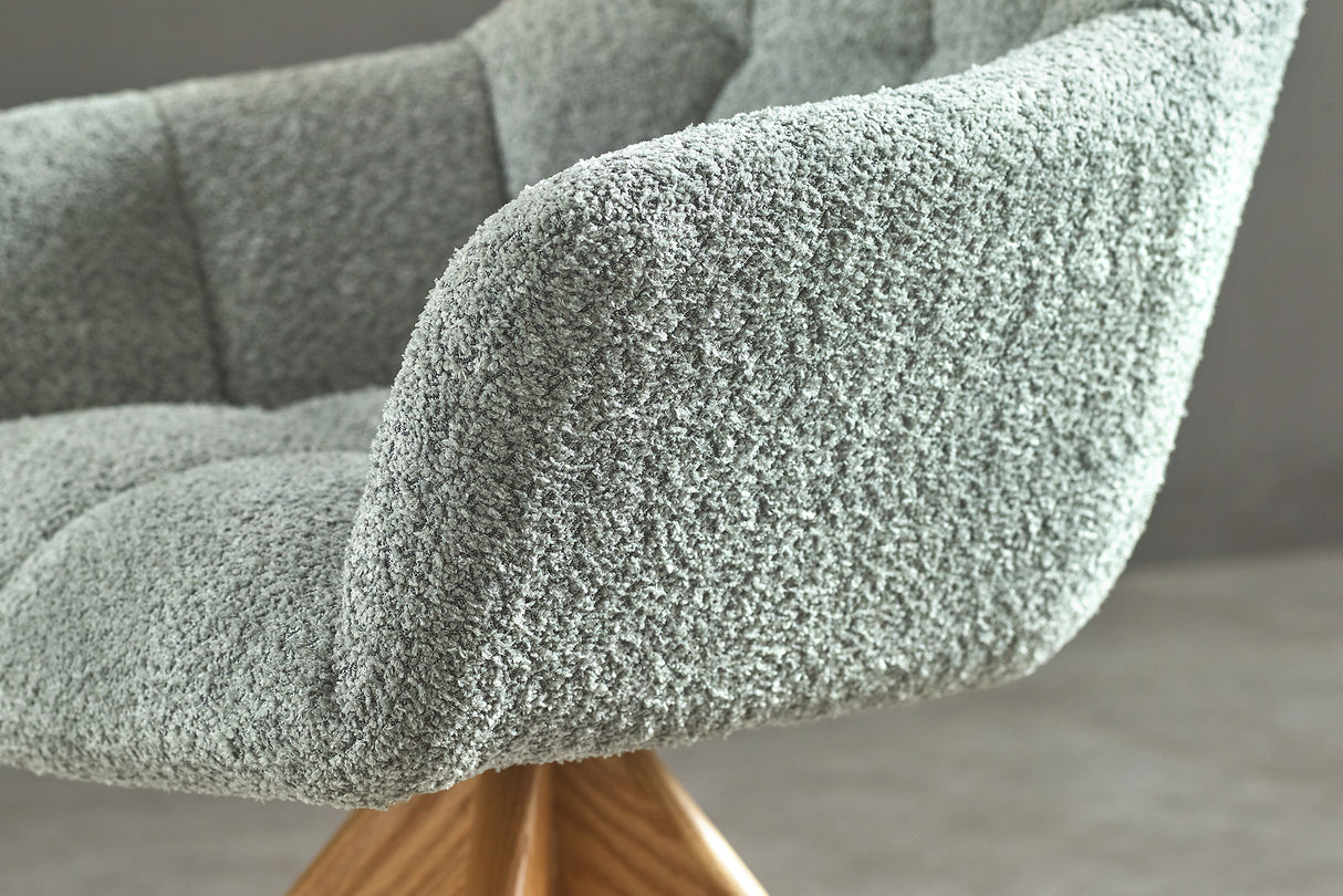 Swivel chair PAPILLON rotatable 180° sage green bouclé w/ armrests oak look legs