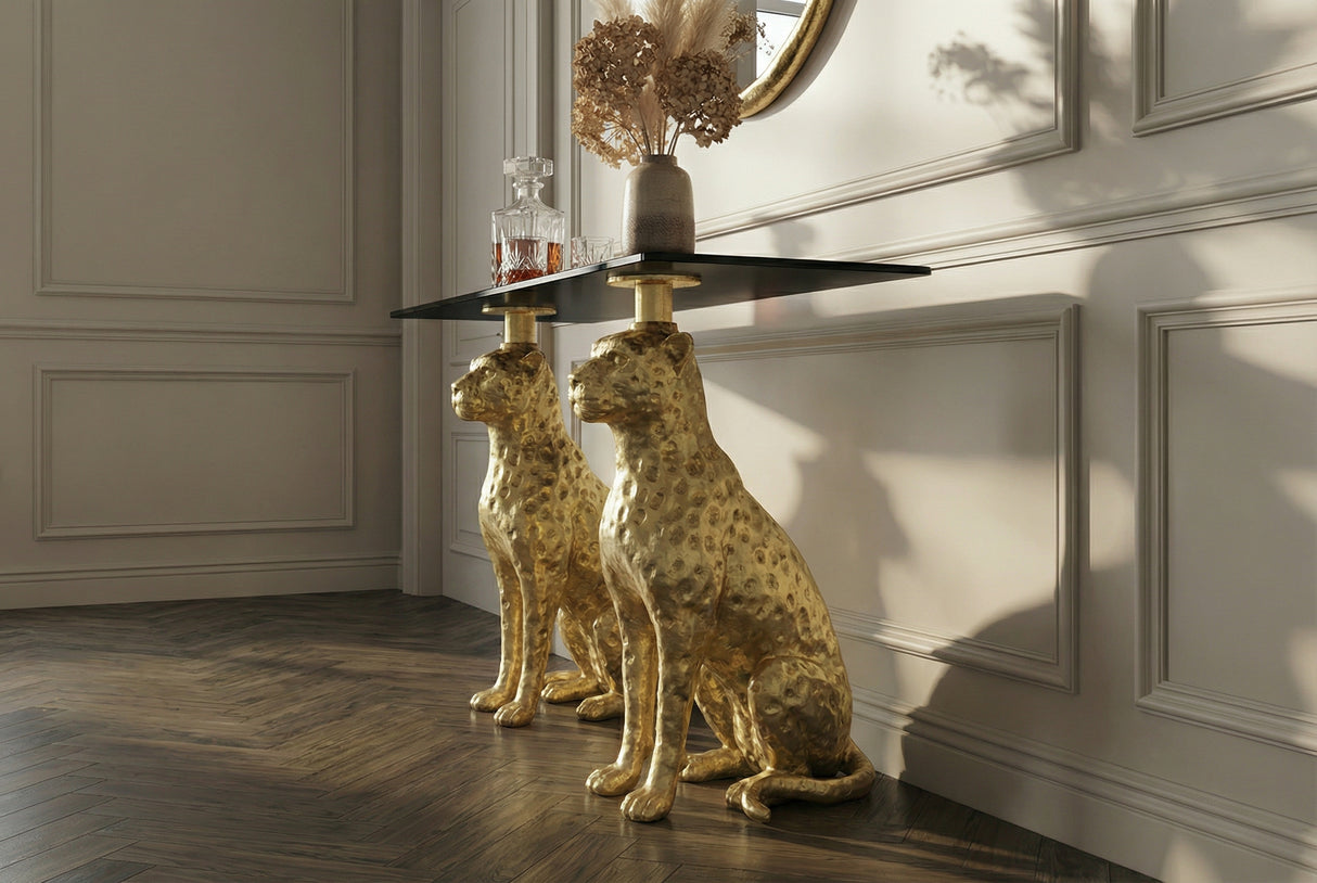 Konsole PANTHER 105 cm, goldfarbenes Metall mit Marmorplatte