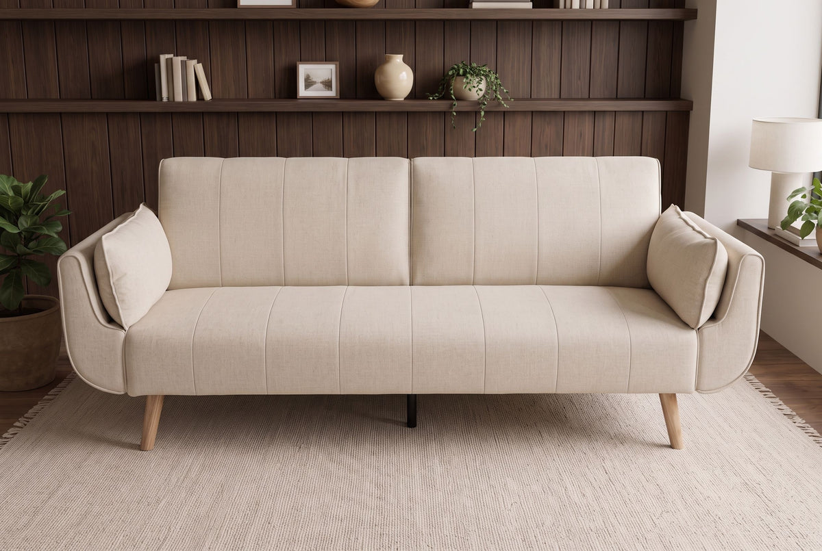 Schlafsofa DIVANI 220 cm 3-Sitzer mit Armlehnkissen, Strukturstoff greige, Holzfüße