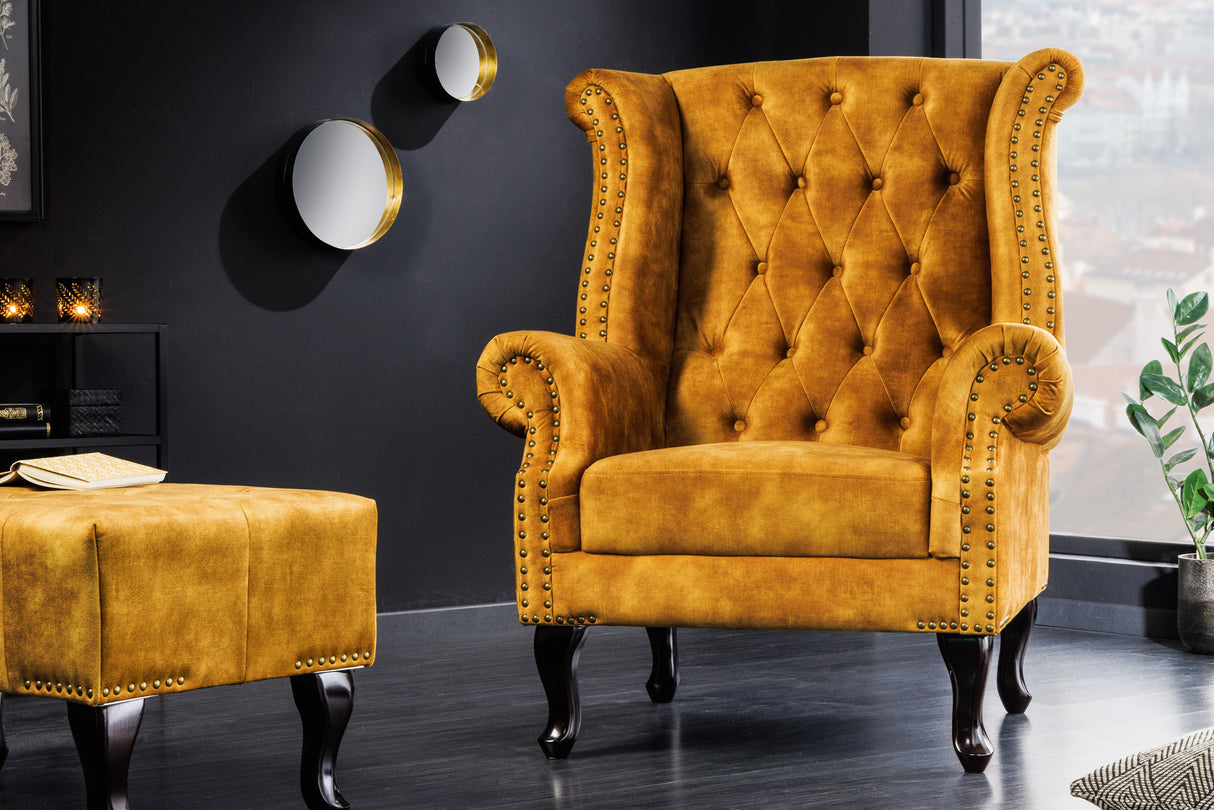 Ohrensessel CHESTERFIELD Antik-Look Samt senfgelb