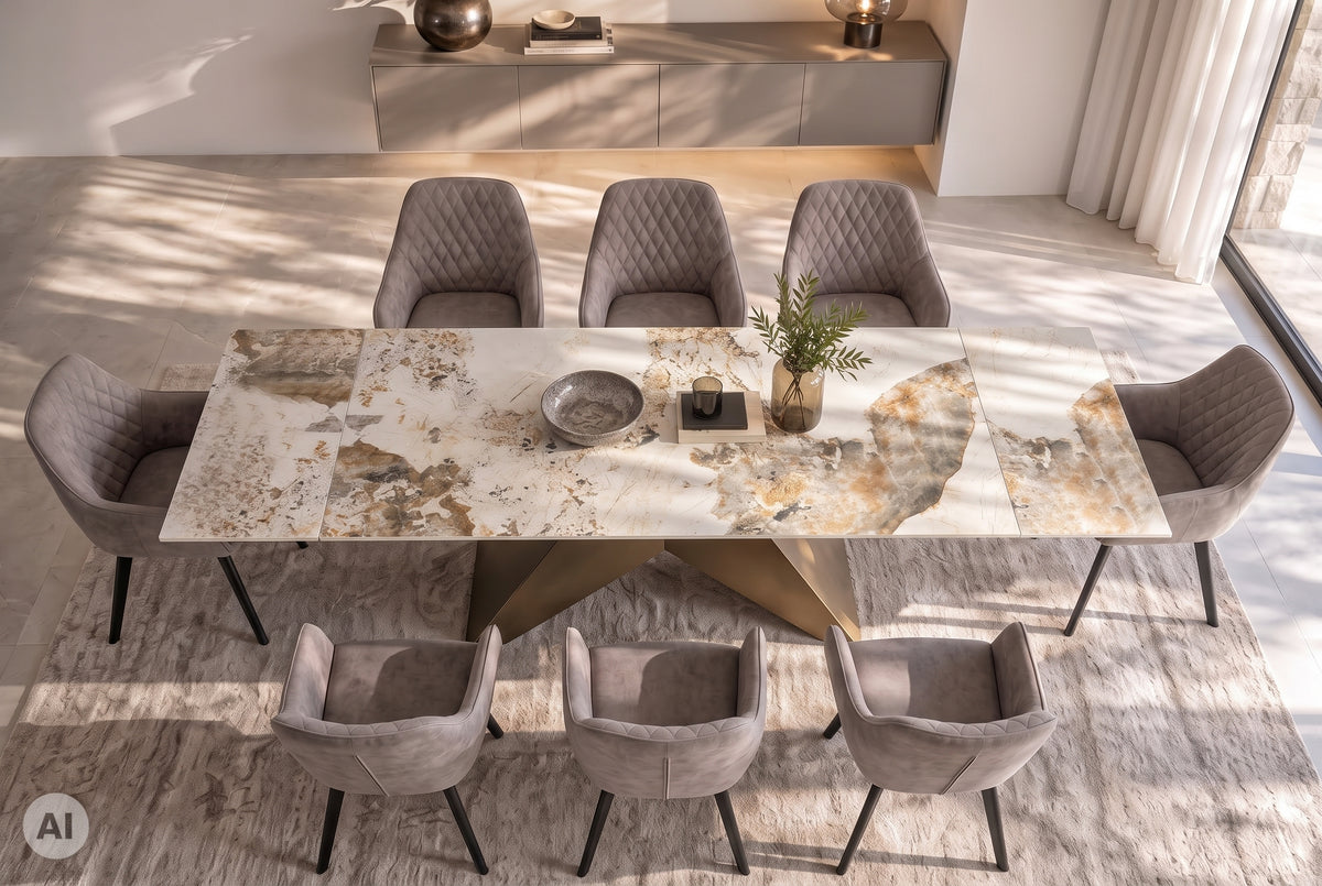 Dining table DIAMOND 180-260cm extendable pandora ceramic white brown w/ geometric bronze iron base