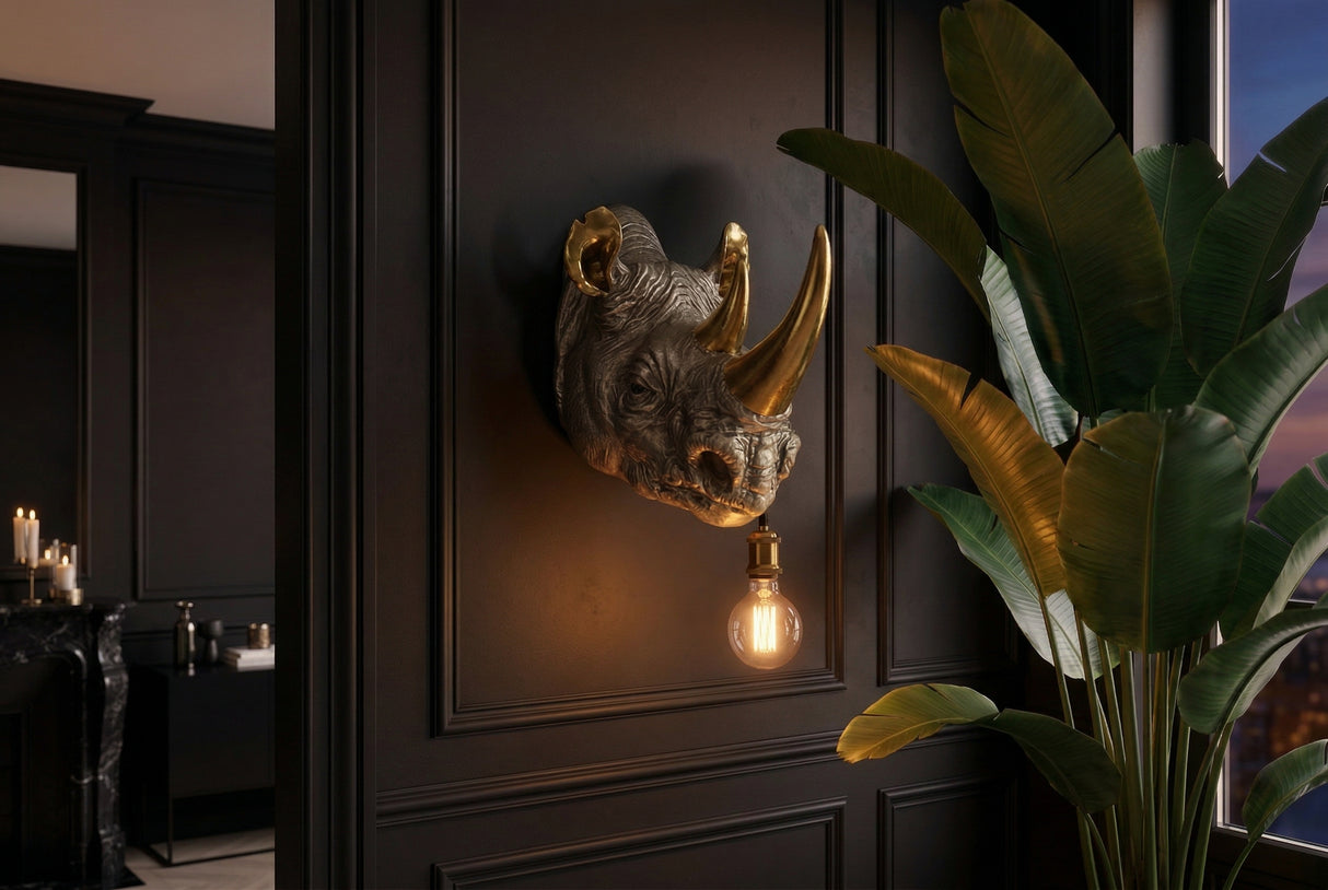 Wandleuchte RHINO 40 cm handgefertigte goldene Nashornskulptur
