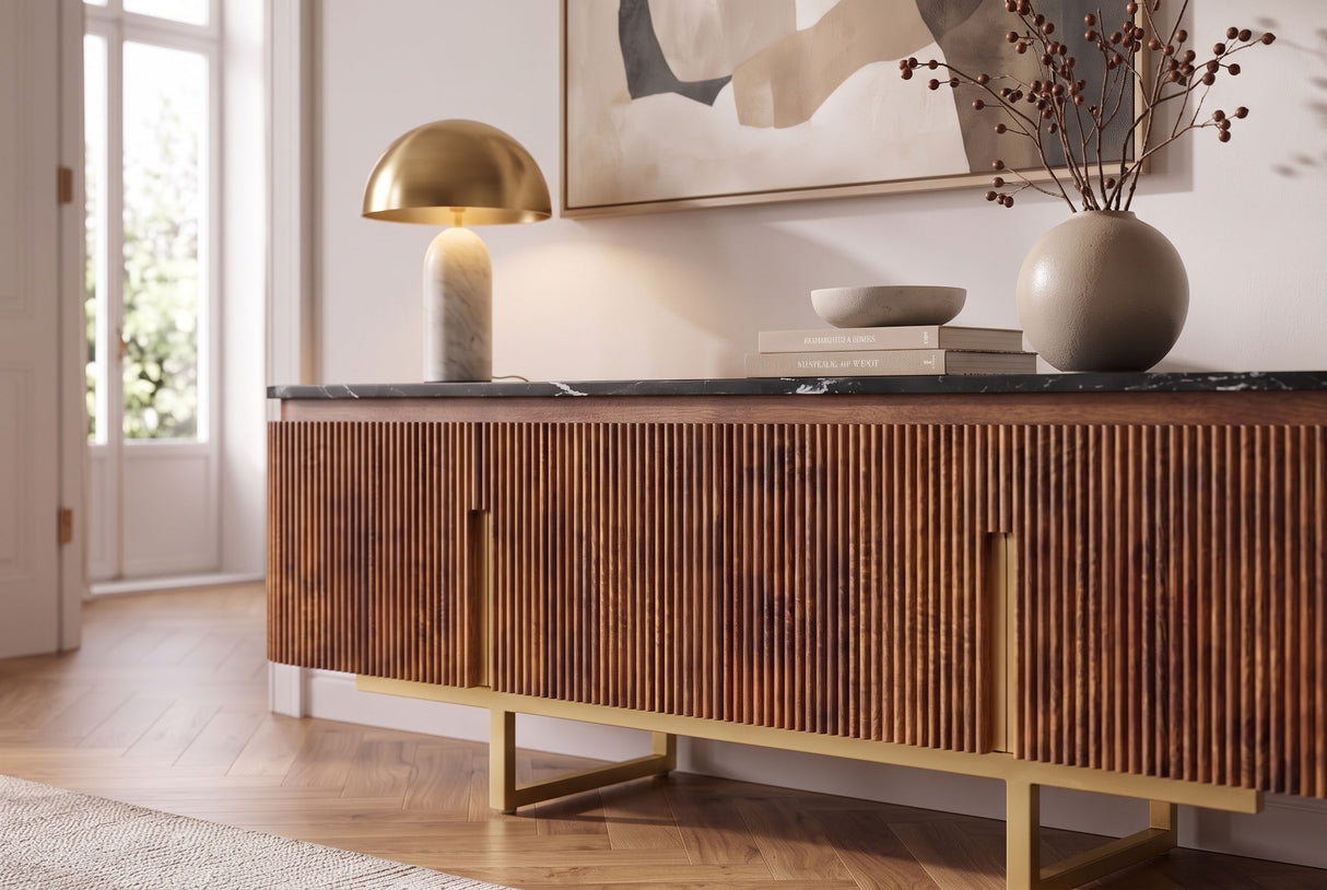 TV-Board GATSBY 160cm Retro-Stil Mangoholz Marmorplatte Schwarzbraun Gold