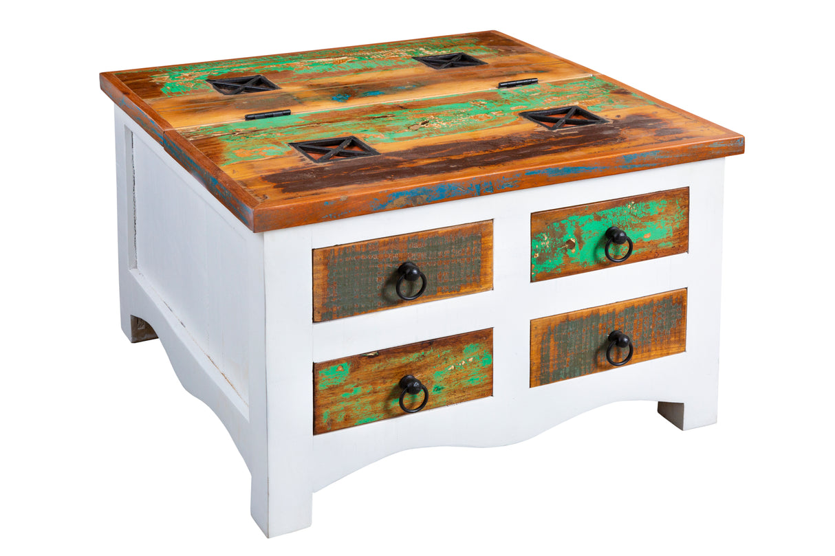 Couchtischtruhe JAKARTA 70cm weiß gewaschenes Mangoholz und Recyclingholz