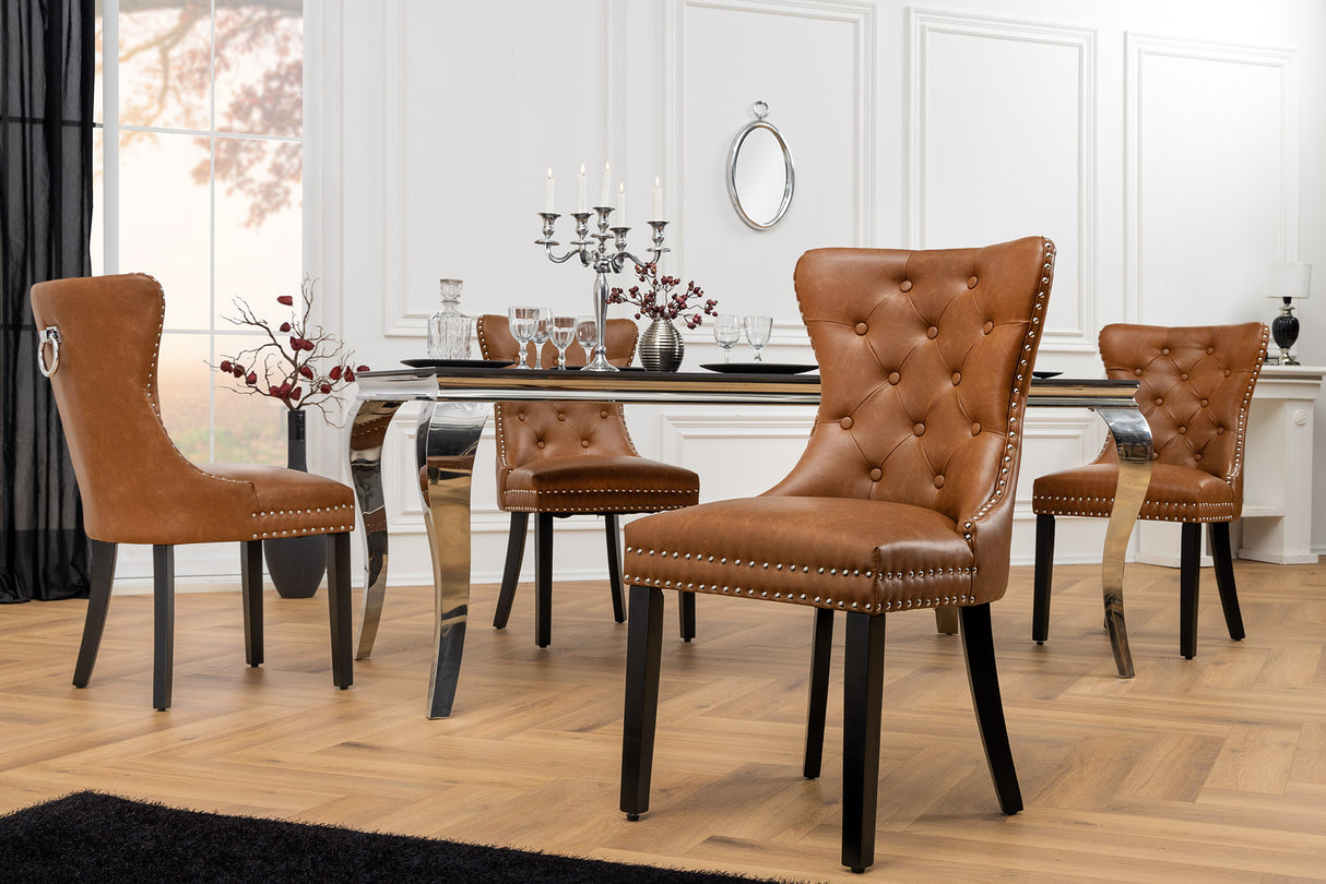 Chair CASTLE w/ comfort handle artificial leather cognac brown in chesterfield style