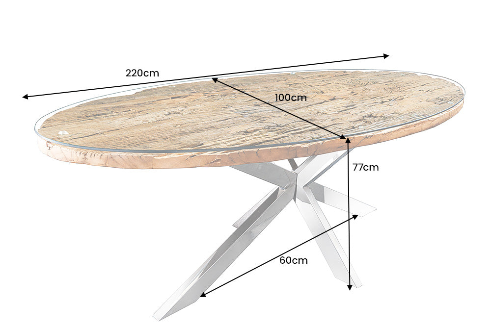 Esstisch BARRACUDA 220cm oval Teakholz Glasplatte oval