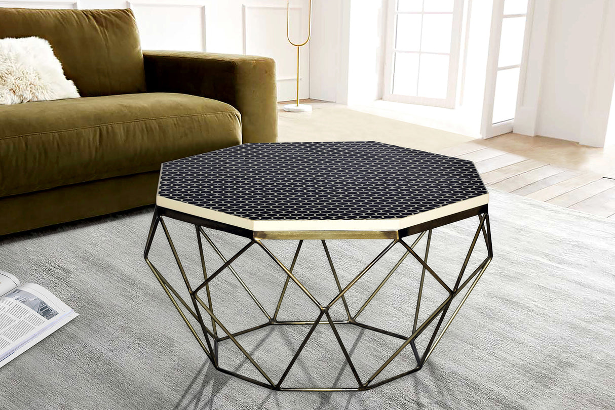 Couchtisch DIAMANT 70cm Gestell Eisen Messing mit Tischplatte schwarz weiß