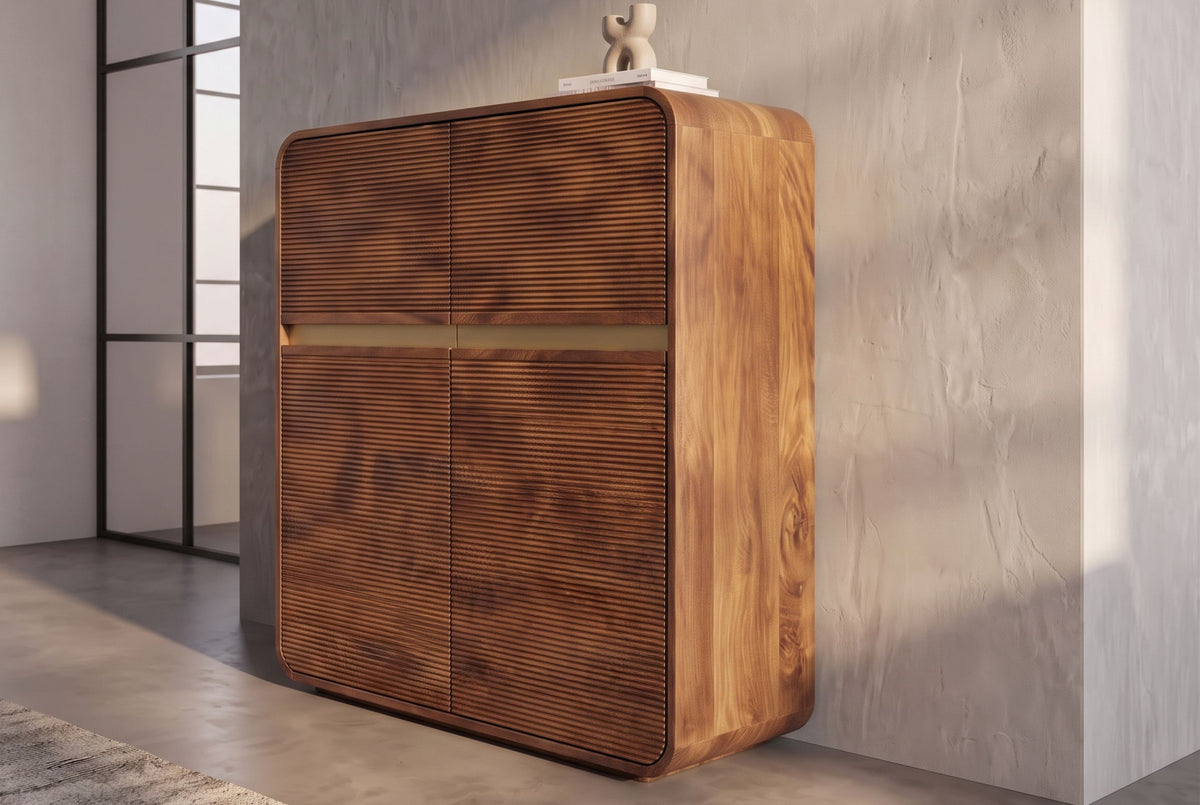 Highboard MONZA 120cm fluted front rounded edges mango wood brown w/ gold details