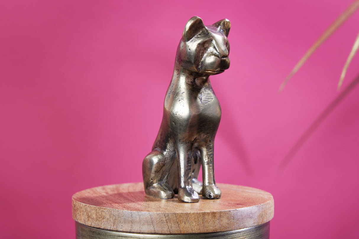 Skulptur Zinn PANTHER 20cm Eisen gold Mangoholz natur
