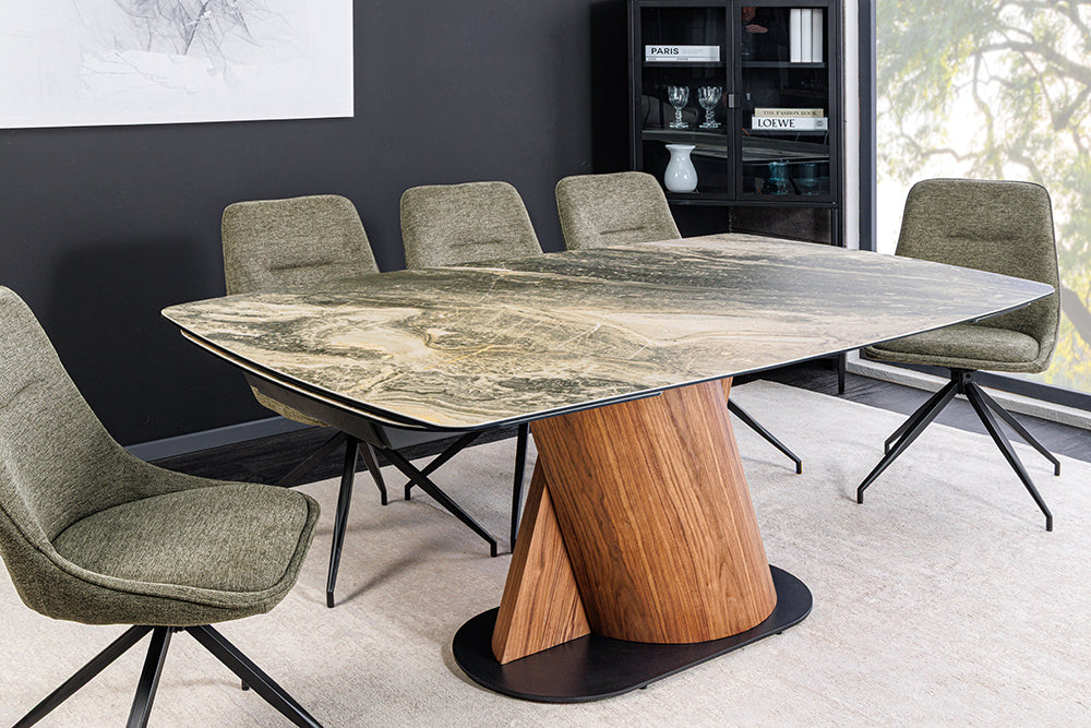 Dining table ELEMENTS 180-260cm extendable walnut frame w/ ceramic top taupe beige marble look