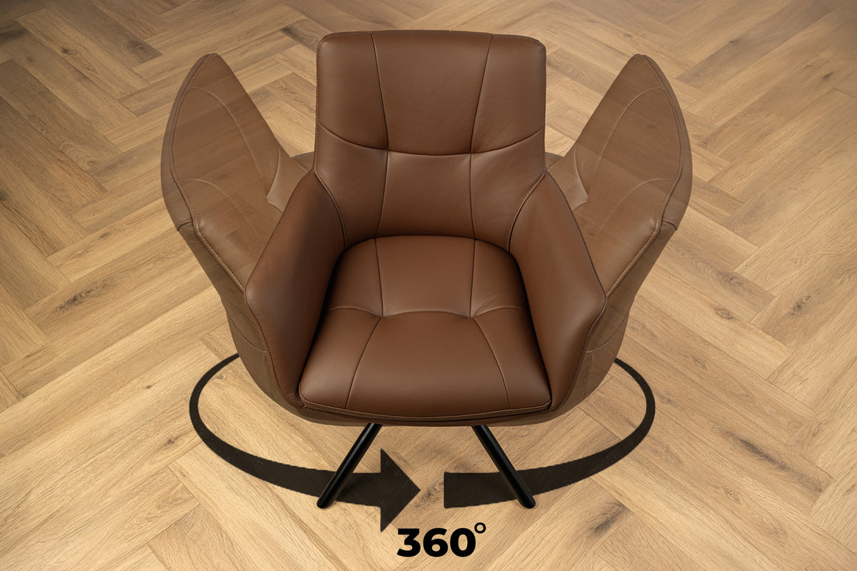 Swivel chair SIGNATURE 360° rotatable w/ armrests spring core leather cognac brown