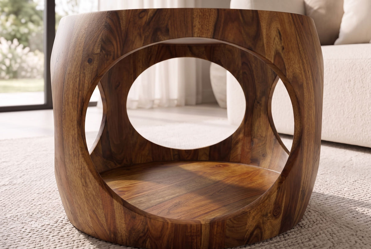Couchtisch ORGANIC LOOP 60cm rund m. Ablage Sheeshamholz braun