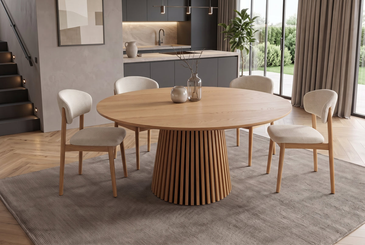 Dining table VALHALLA WOOD Ø 140cm round fluted pedestal base oak wood veneered natural