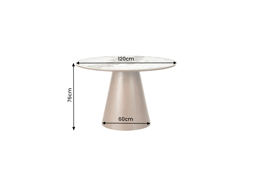 Dining table UNIQUE 120cm round oak wood verneered w/ pandora ceramic top white marble