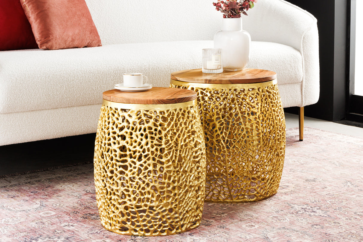 Coffee table LEAF 40cm set of 2 gold with acacia wood plate