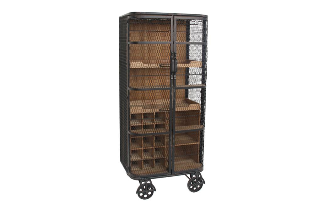 Display cabinet LOFT 145cm w/ wheels pine wood metal natural