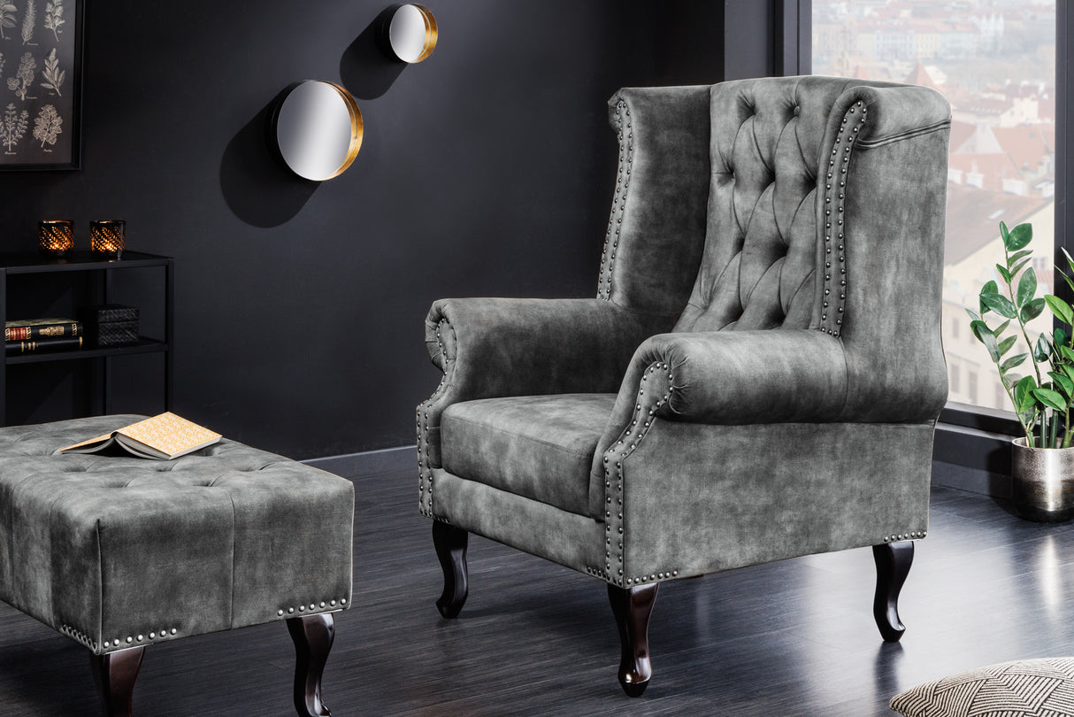 Ohrensessel CHESTERFIELD Antik-Look Samt grau