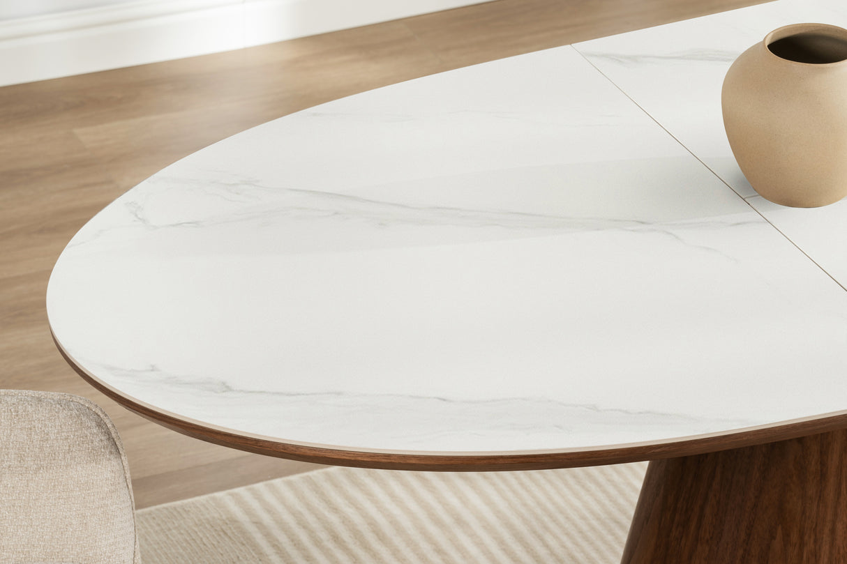 Dining table UNIQUE 160-200cm extendable dark walnut wood look white ceramic marble top