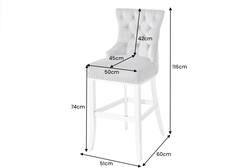 Bar chair CASTLE DELUXE 74cm w/ lion´s head velvet grey in baroque style