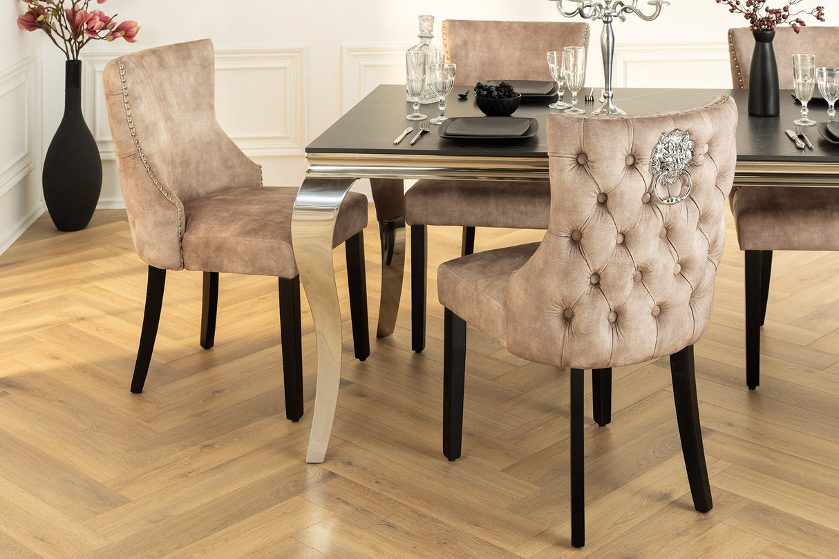 Chair CASTLE DELUXE w/ lion´s head handle velvet beige legs black in chesterfield style