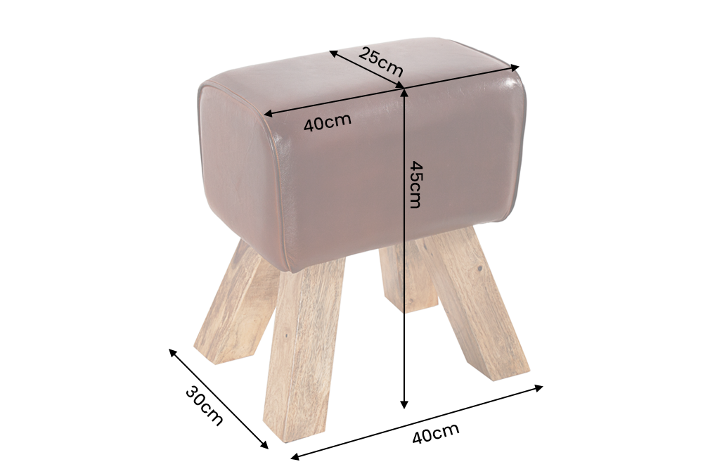 Stool TURNBOCK 40cm upholstered seat mango wood natural genuine leather coffee brown