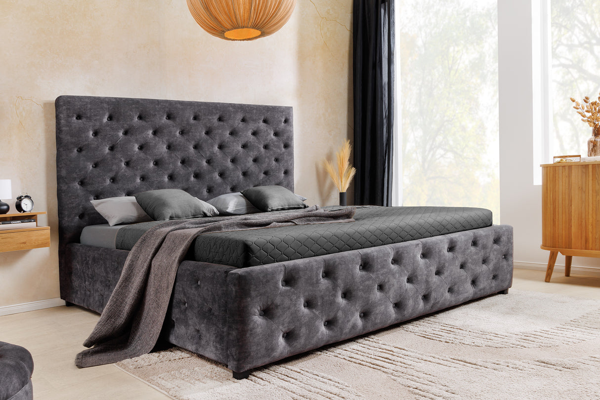 Bed PARIS 160x200cm CHESTERFIELD look velvet grey w/ storage space