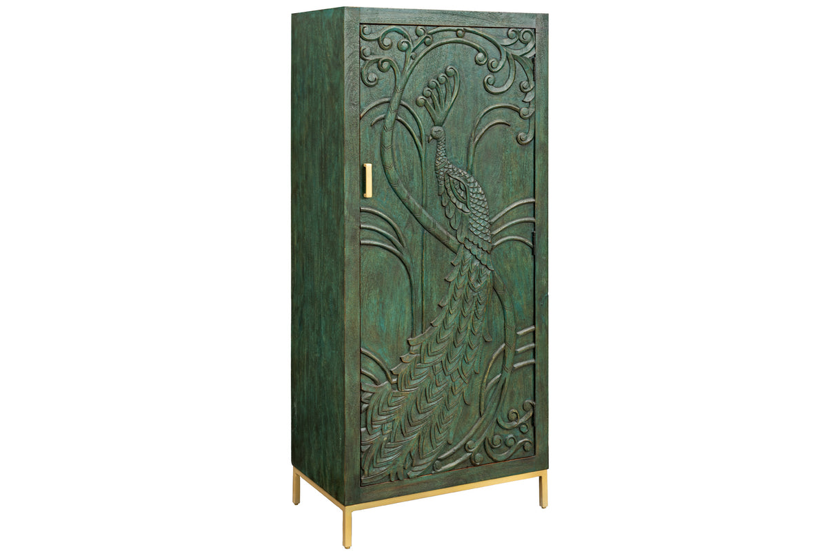 Highboard PEACOCK 170cm 3D mango wood antique look dark green gold handmade