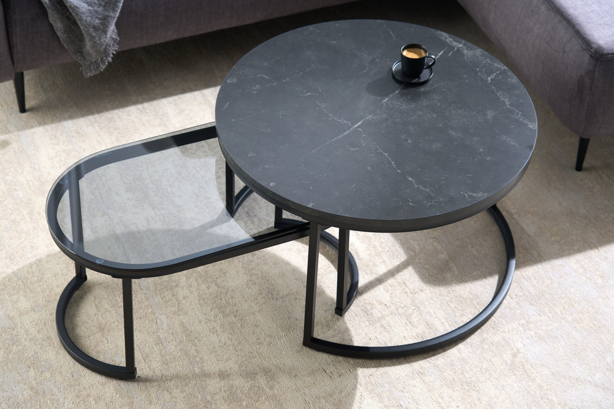 Coffee table ELEGANCE 70cm set of 2 marble look and smoke glass black
