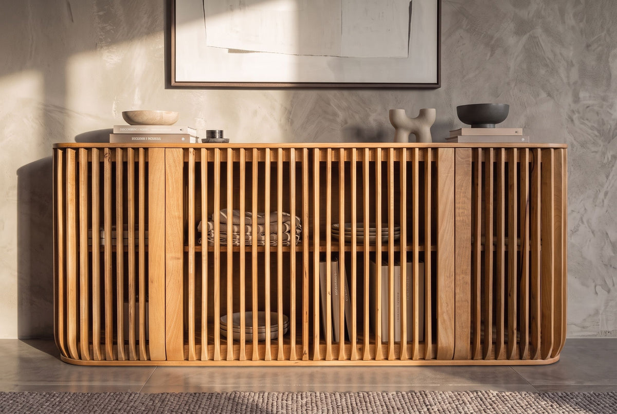 Sideboard SCULPTURA 170cm offene Lamellenfront abgerundete Kanten Mangoholz natur