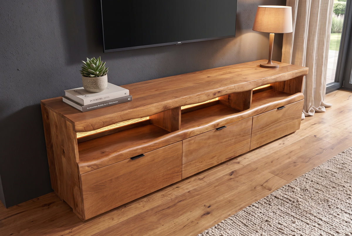TV-Board GRAND MANGO 180cm mango wood brown w/ remote-controlled LED light