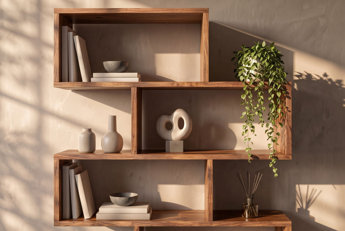 Shelf MAKASSAR XL 150cm asymmetrical open shelving sheesham wood brown stone finish