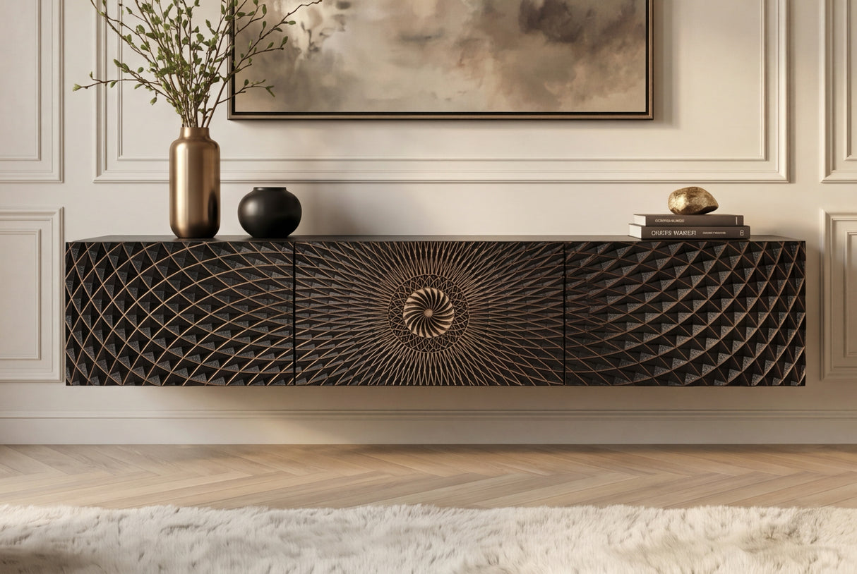 TV-Board ILLUSION 160cm 3D hängend Mangoholz schwarz gold