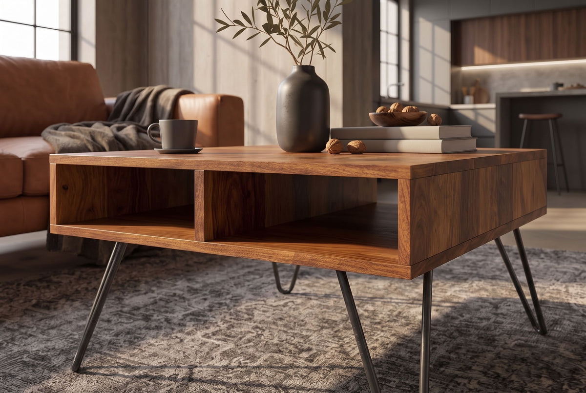 Coffee table SCORPION 60cm w/ open storage space sheesham wood brown stone finish hairpin legs