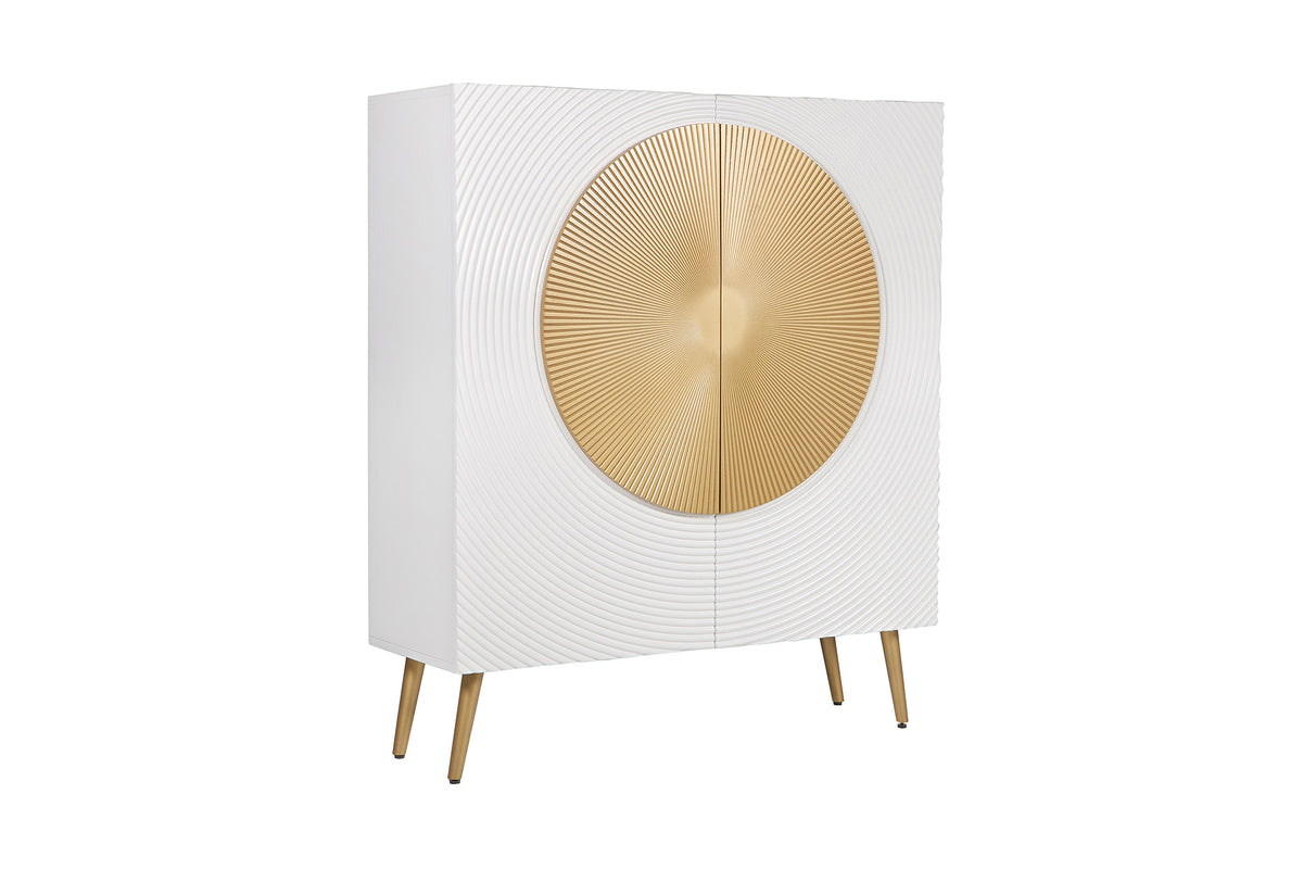 Highboard AURUM 120cm textured front gold circle accent mango wood white gold metal feet