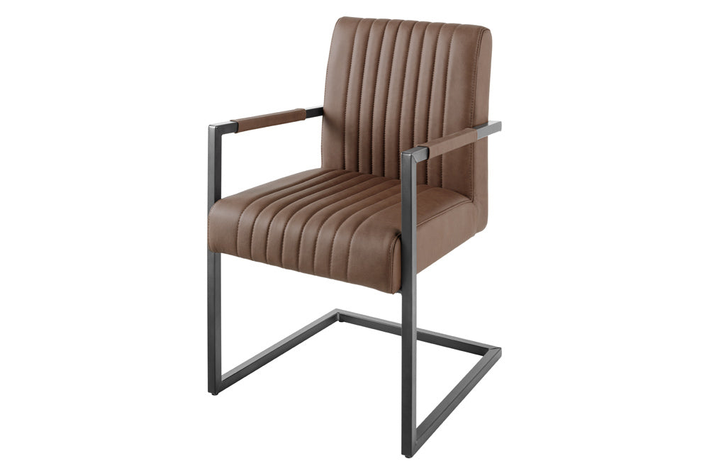 Cantilever chair BIG ASTON w/ armrests spring core black metal legs leather vintage brown