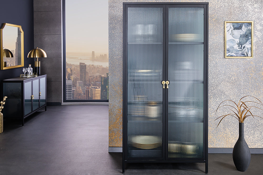 Display cabinet AMSTERDAM 160cm ribbed glass black