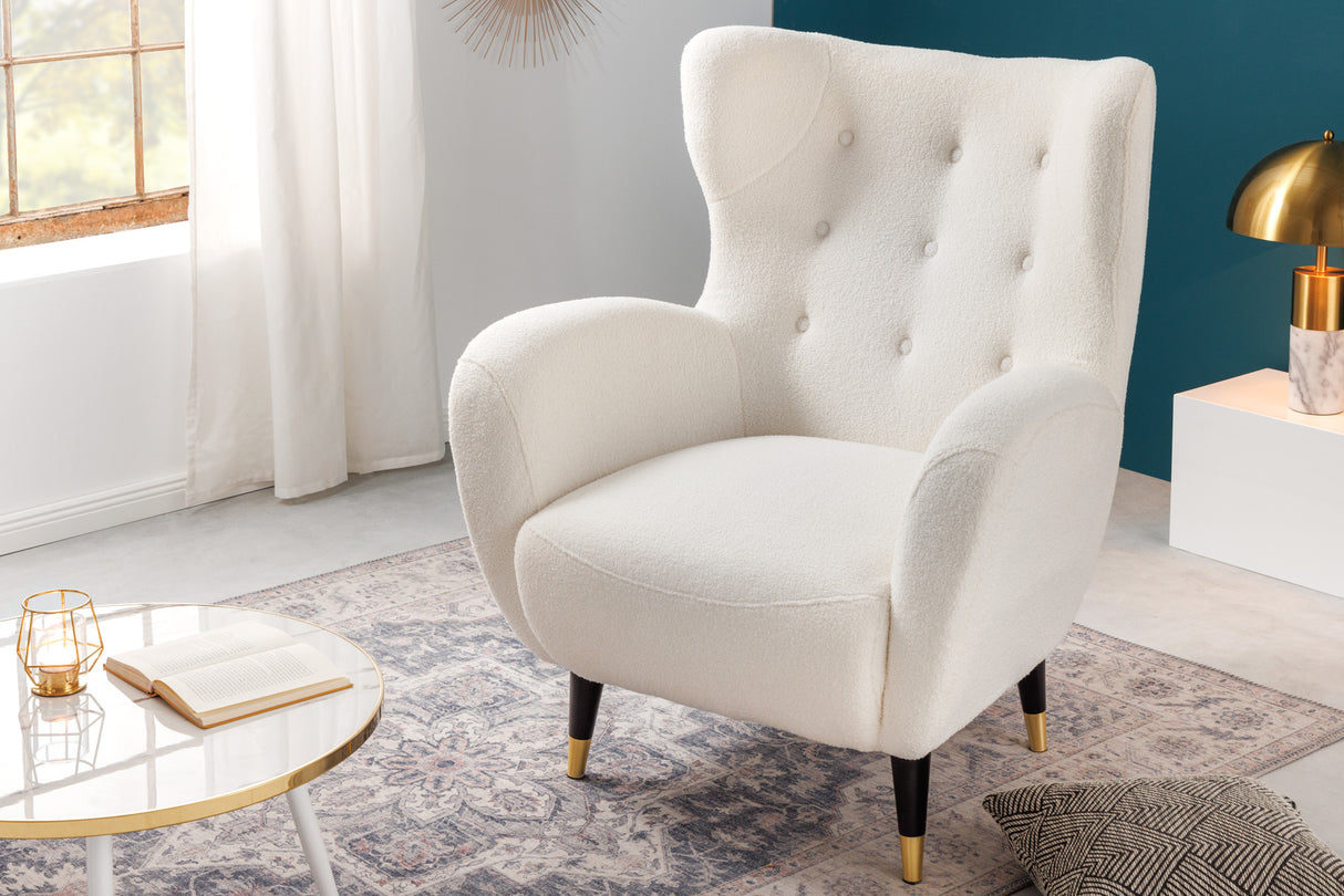 Ohrensessel DON mit goldenen Kappen Bouclé weiß