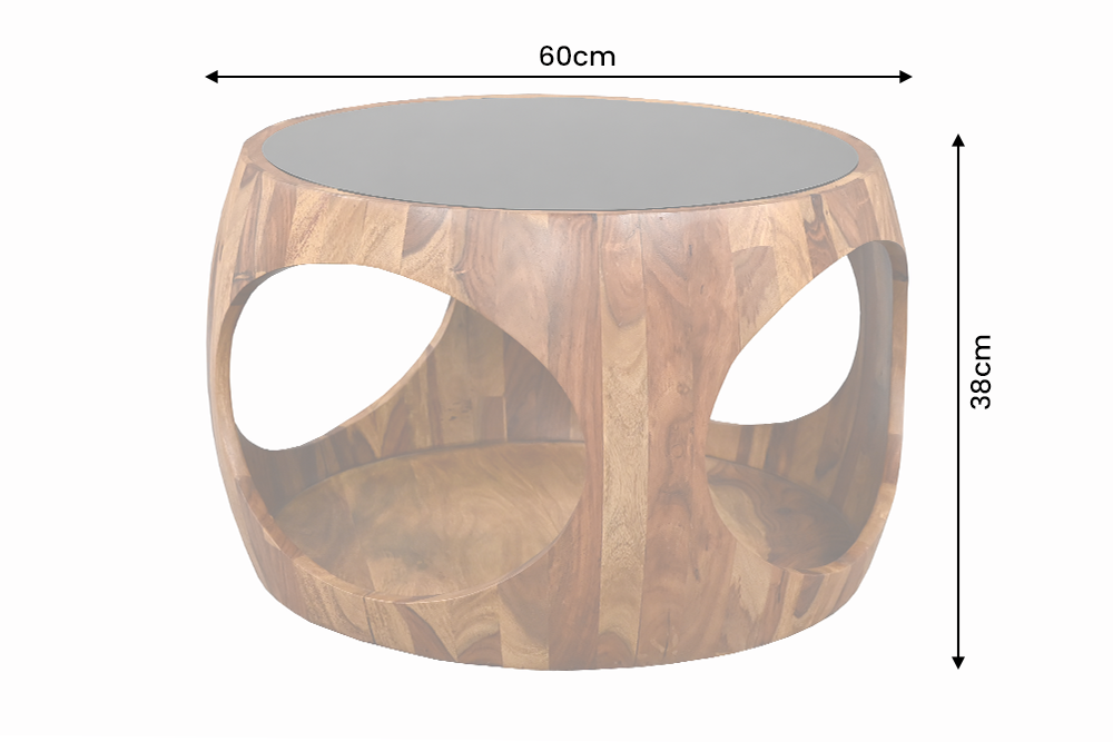 Couchtisch ORGANIC LOOP 60cm rund m. Stauraum Schwarz Rauchglas Sheeshamholz Braun