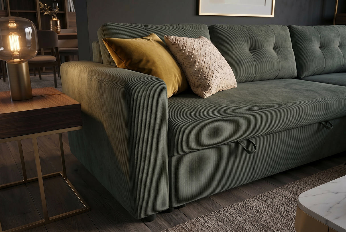 Ecksofa APARTMENT 205cm 3-Sitzer mit Ottomane und Stauraum Samt grün