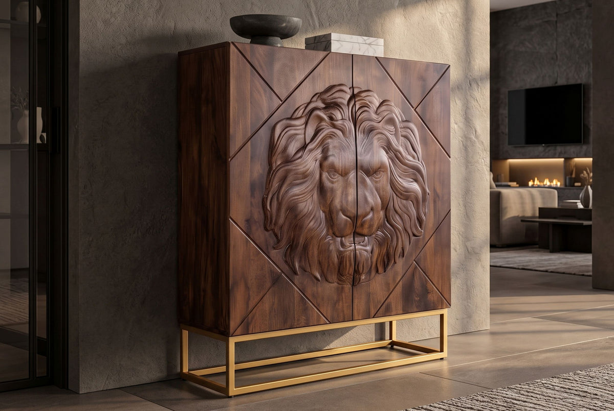 Highboard LION 120cm 3D lion front mango wood brown w/ gold metal frame