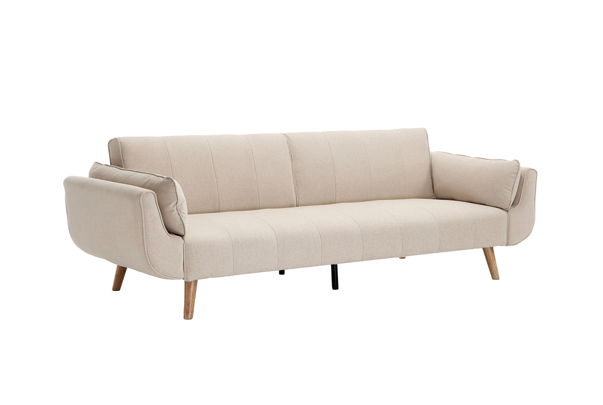 Schlafsofa DIVANI 220 cm 3-Sitzer mit Armlehnkissen, Strukturstoff greige, Holzfüße