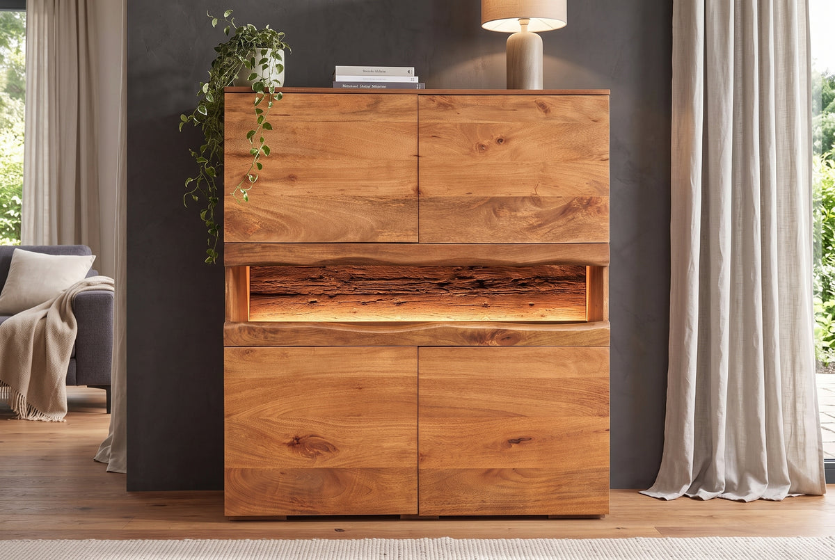 Highboard GRAND MANGO 120cm mango wood brown w/ remote-controlled LED light